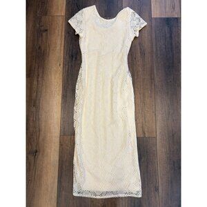 VTG Newport News Ivory Crochet Lace Maxi Dress‎ Size 12 Slit Cottagecore Boho